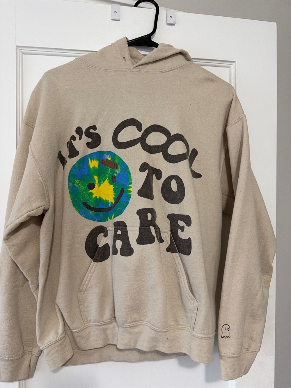 LONELY GHOST Beige Hoodie with Blue-Green-Yellow Tie-Dye Smile